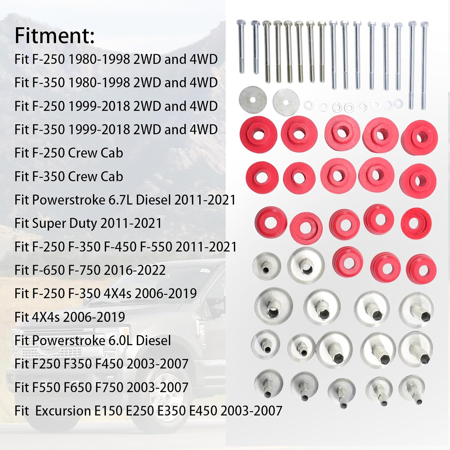 KF04058BK Body Cab Mount Bushing Kit Replacement Compatible with Ford F-250 Fit F-350 Fit F-350 Fit Super Duty 1999-2007 (Red)